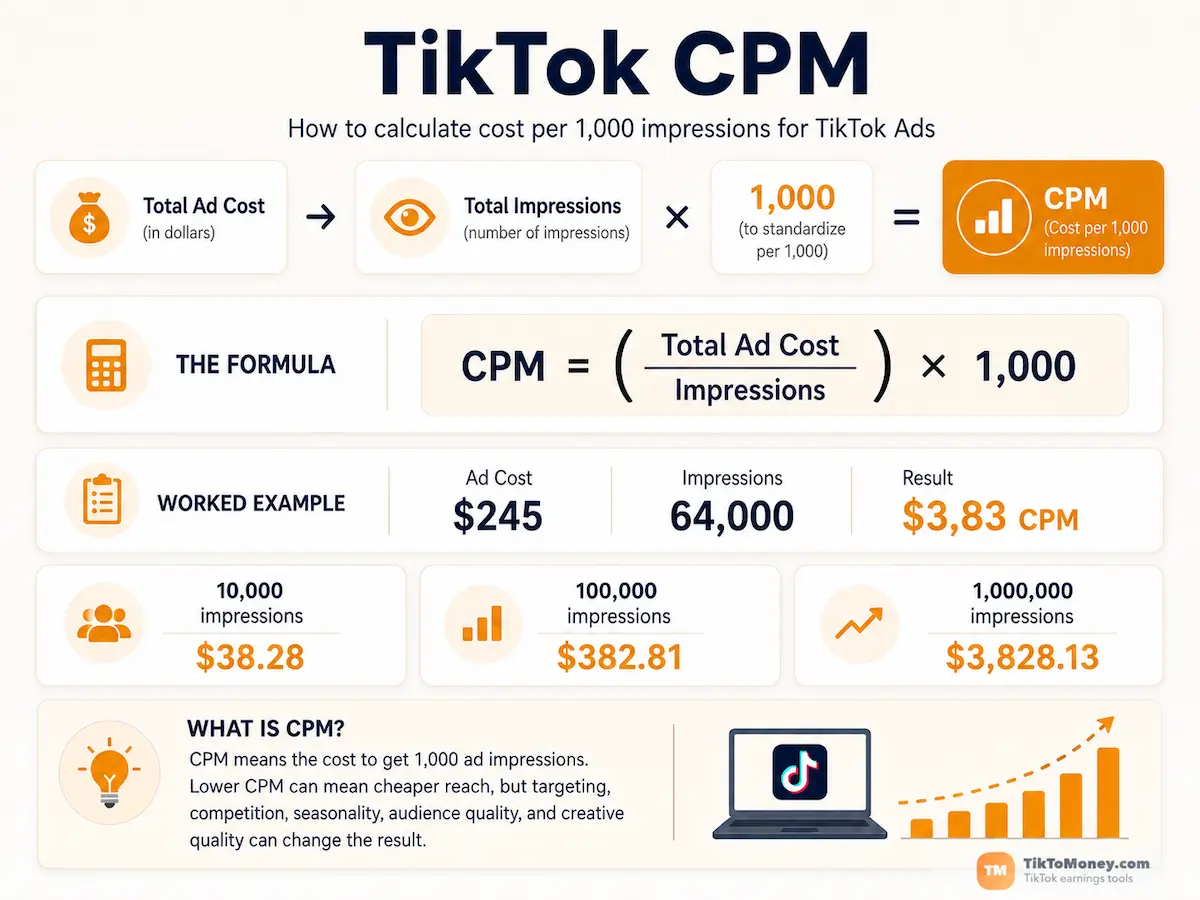 Infografico de TikTok CPM explicando o custo por 1.000 impressoes no TikTok Ads