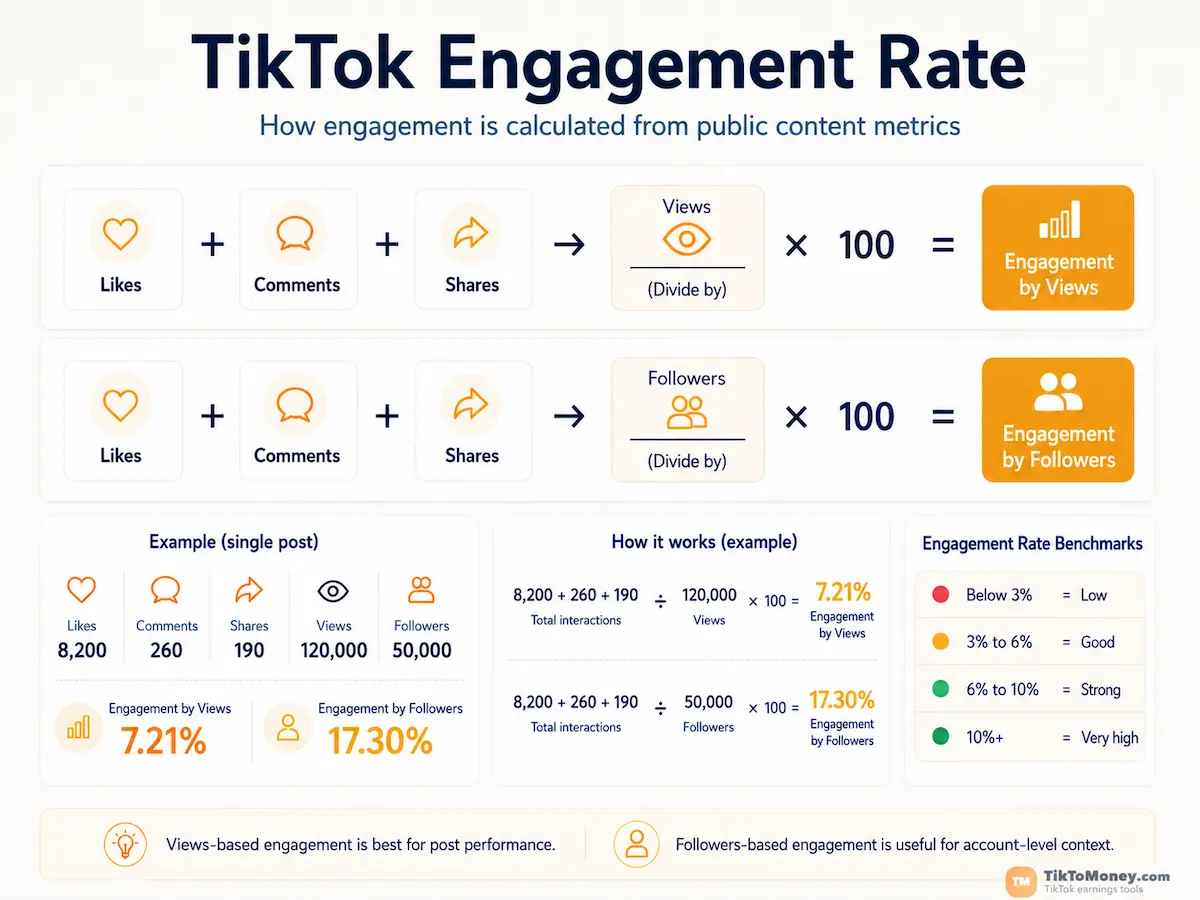Infographic engagement rate TikTok với likes, comments, shares, views và followers